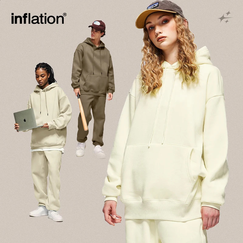 INFLATION Winter Thick Fleece Tracksuit Set Unisex Trendy Candy Color Jogging Suit Mens Matching Velvet Hoodies Set 241105