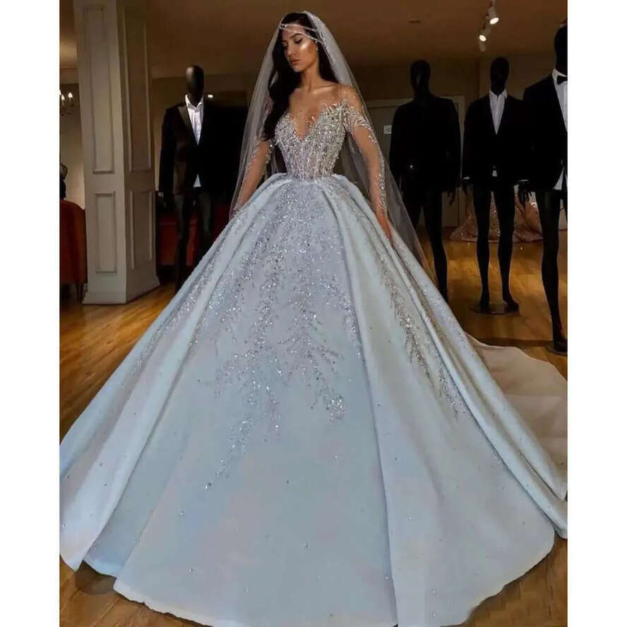 Sequins Wedding Urious Arabic Crystals Dresses Ball Gown Sheer Long Sleeves Bg Sparkly Dubai Garden Bridal Gowns Court Train Cg S