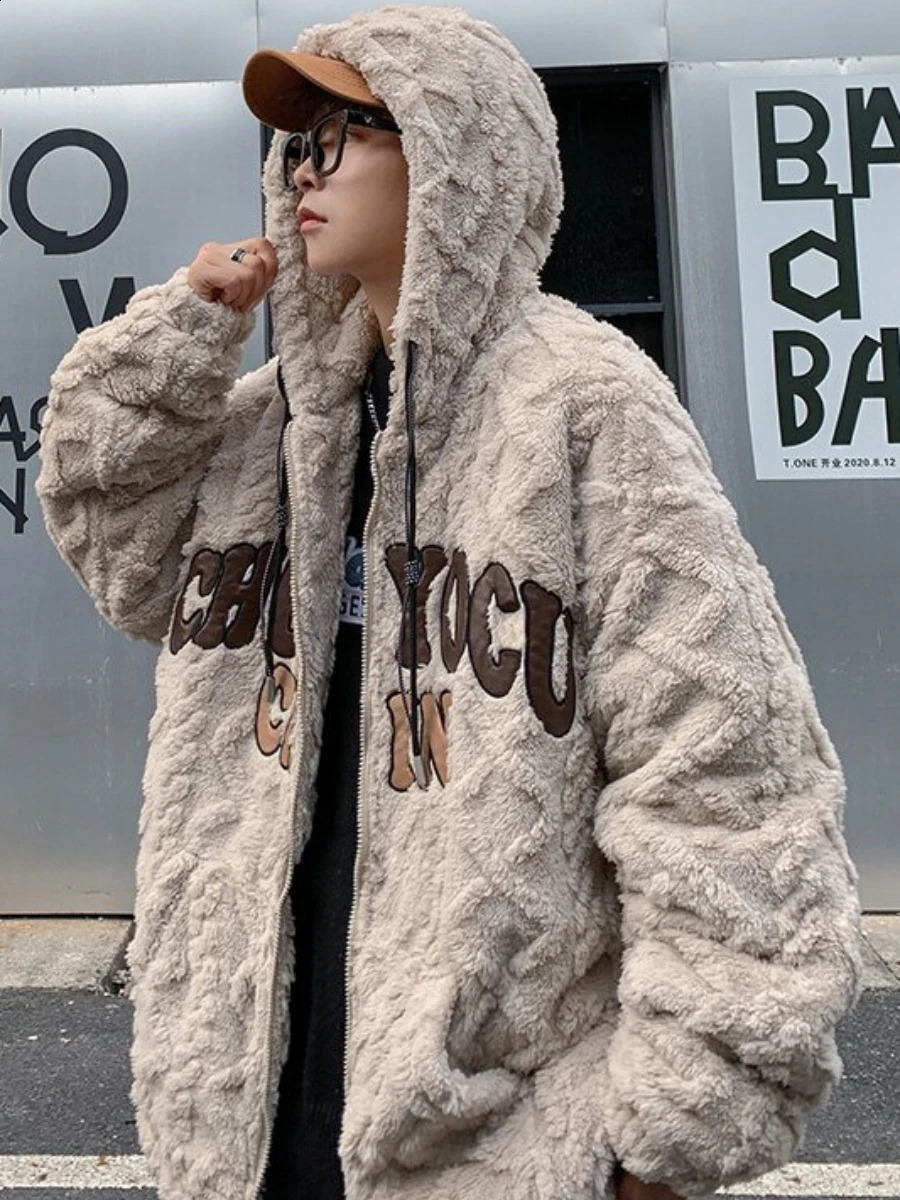YASUGUOJI Fashion Vitage Embroidery Lamb Wool Fur Coat for Men Winter Thicken Warm Zipper Loose Hooded Cotton Jacket Men 241105