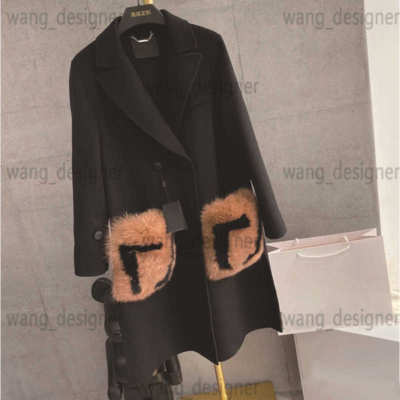 Women's Wool Blends designer Cashmere coat Large fox fur pocket cashmere GBDS