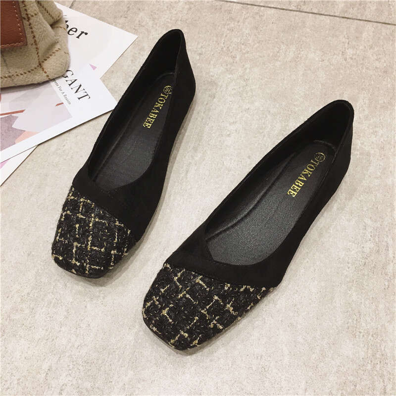 2023 Spring New Korean Edition Versatile Square Head Shallow Mouth Small Fragrant Style Flat Comfortable Soft Bottom Bean Single Women's Shoes