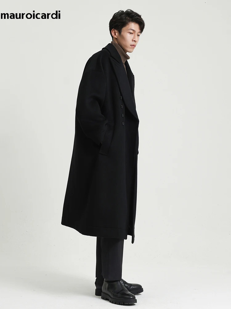 Mauroicardi Autumn Winter Long Oversized Casual Soft Warm Dark Grey Woolen Coats Men Loose Stylish er Clothes 241104