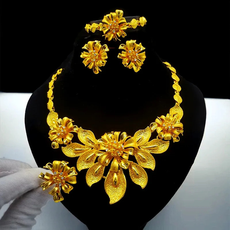 Dubai Gold Bracelet Necklace Earrings 4-piece Set for Women 24K Gold Plated Bracelet Charm Wedding Jewelry241105