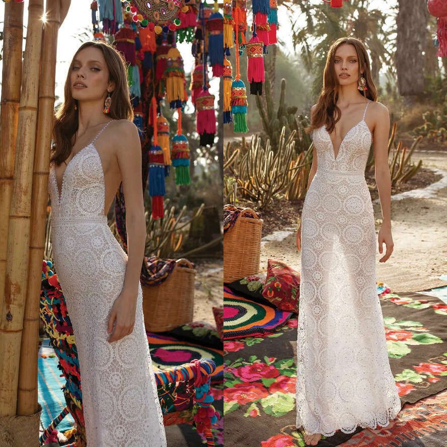 Asaf Dadush Lace Dresses Beading Spaghetti Straps Bohemian Bridal Wedding Gowns Backless Or Length Robes De Marie