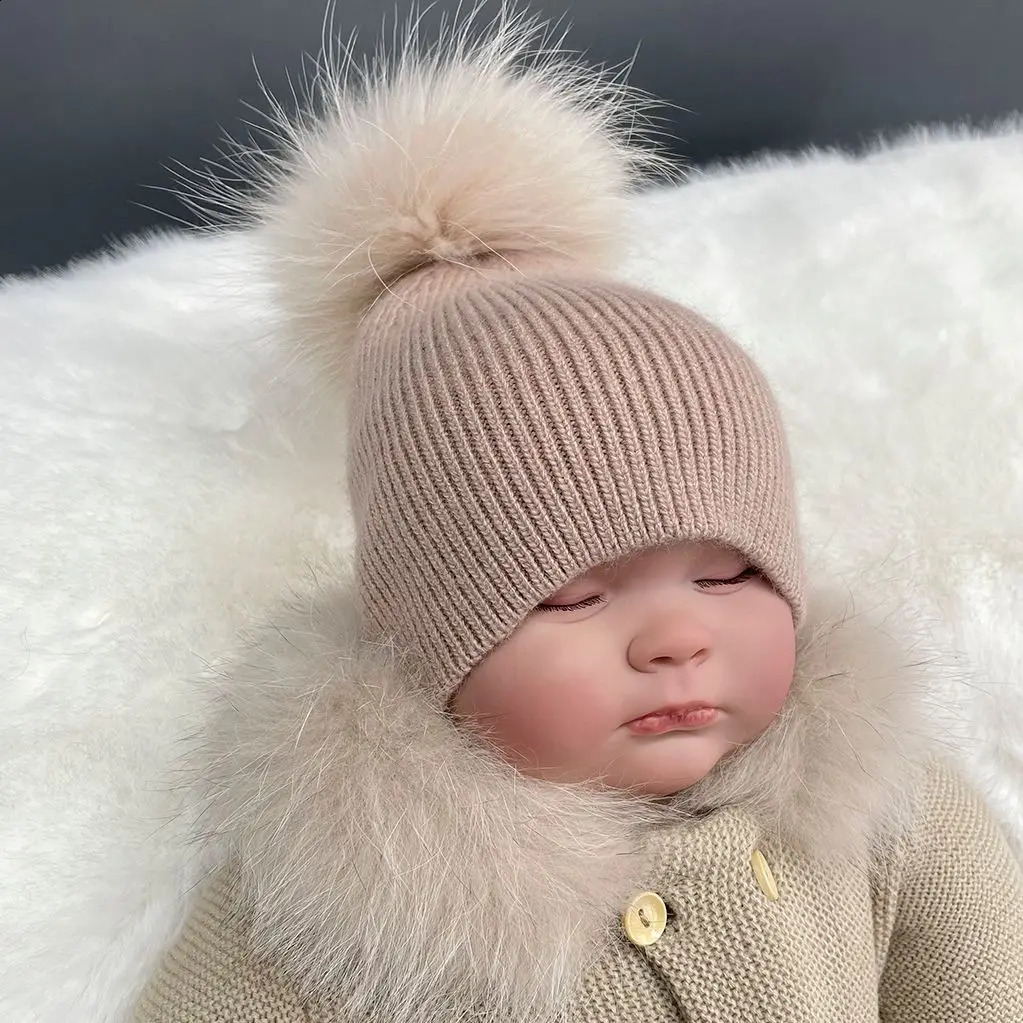 MISS KANEFUR born Knitted Hat Soft and Warm Angora Childrens Boys and Girls Fur Pom Hat Cute Baby Bear Childrens Hat 241105