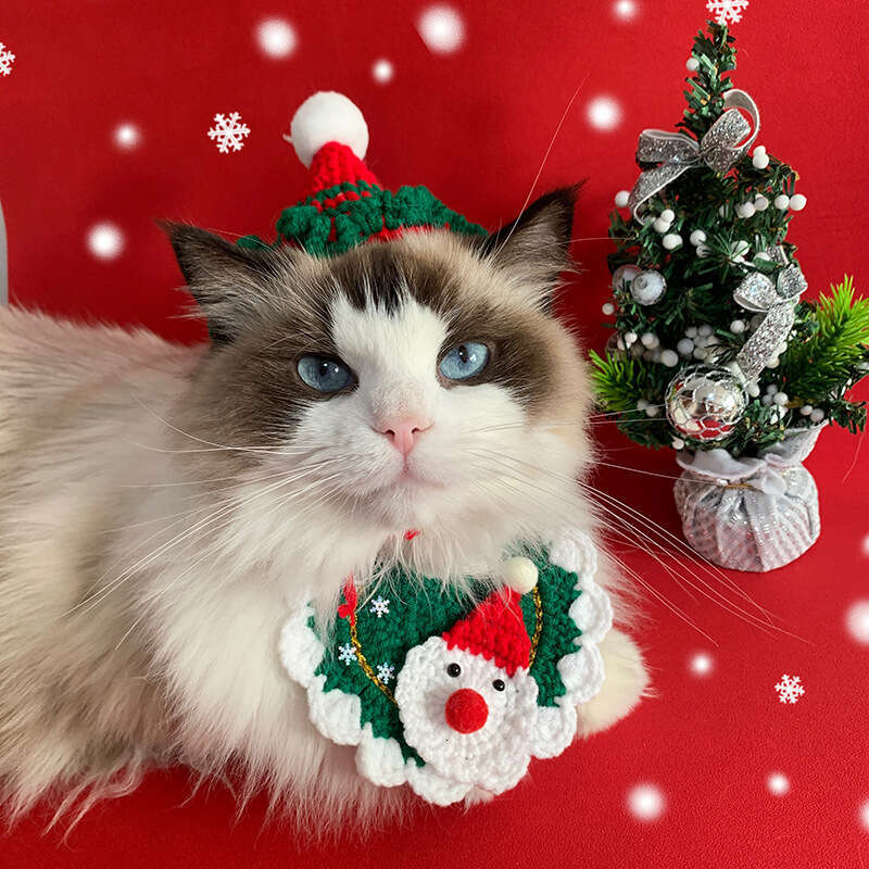 Cotton Knit Pet Holiday Set - Christmas Style Woolen Cat & Dog Scarves with Cute Hats