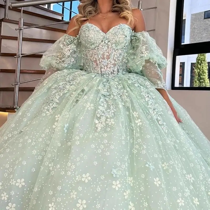 Light Green Quinceanera Dresses Sequin Applique Beads Crystal Bow Tull Ball Gown Vestidos De 15 Anos XV Brithday Sweet 16 Dress
