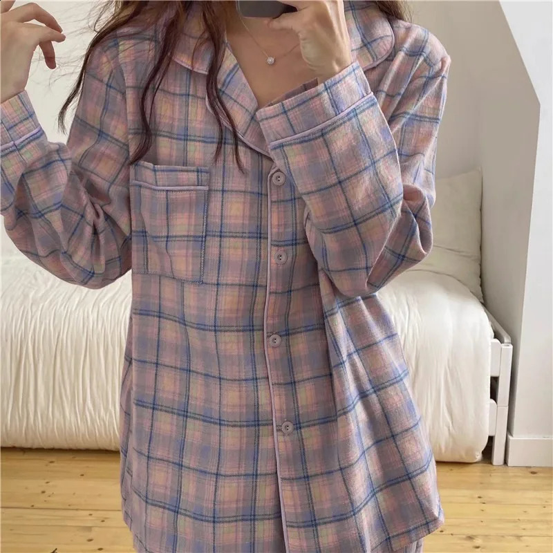 Minimalist and Casual Pajamas Spring Autumn Thin Lapel Cardigan Home Clothing Purple Plaid Leisure Sleepwear for Students 241105