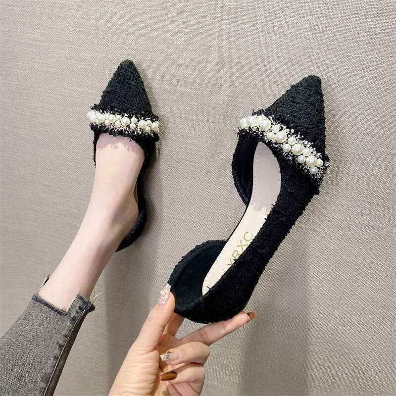 Pearl Decoration French Shallow Mouth Single Shoe Women's Korean Version Spring And Summer New Style Small Fragrant Gentle Pointed Side Empty Fla