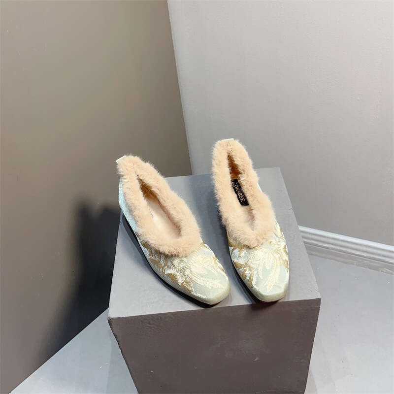 National New Chinese Style Rabbit Fur Coarse Single Order Women With Plush Versatile Soft Sole Fashion Lazy Cotton Shoes For Women's Outdoor Wear
