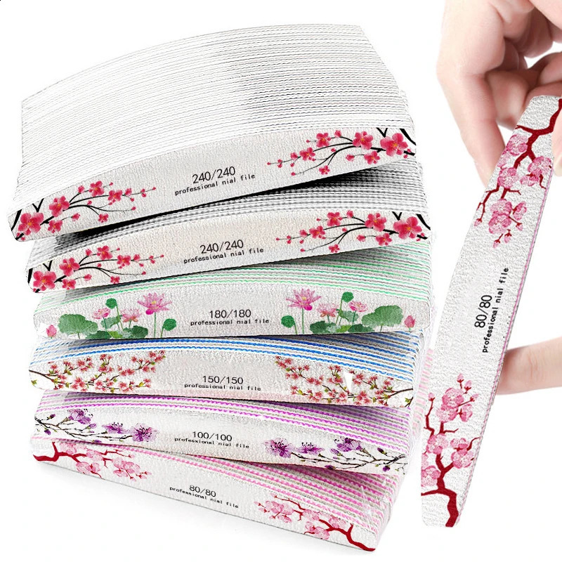 50 Pcs 80-240 Grit Half Moon Nail File Flower Print Washable Manicure Files Buffer Professional Gel Polish Pedicure Tools 241105