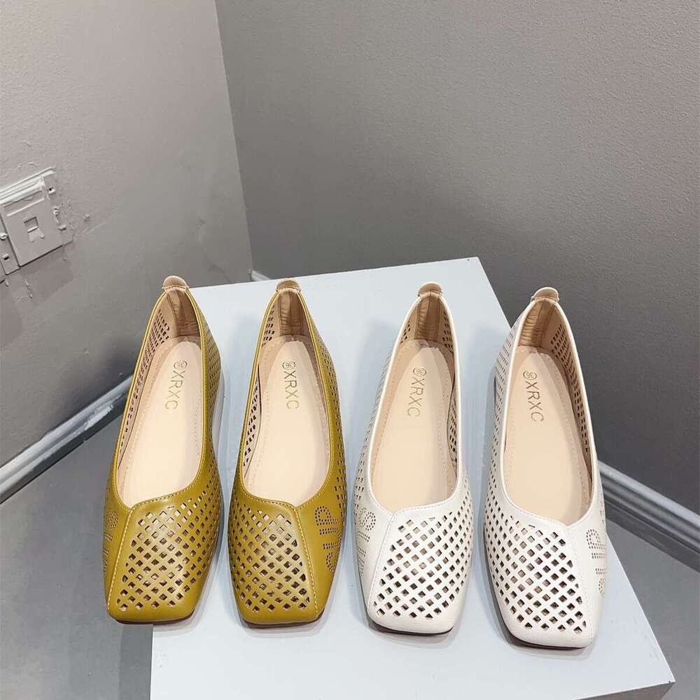 Wind Hollow Square Toe Flat Single Summer Korean Version New Versatile Soft Sole Scoop Shoes Breathable Hole Sandals For Women