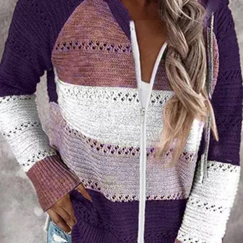New Style Hooded Jacket Women's Color Blocked Hollow Knitted Casual Versatile Sweater cardigan Autumn Fashion Casual Loose Thick
