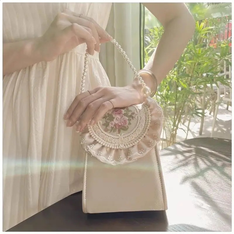 JIAERDI Retro Embroidery Handbag Womens Pearl Handbag Wallet Pink Flower Clutch Party Bag Small Phone Bag 241105