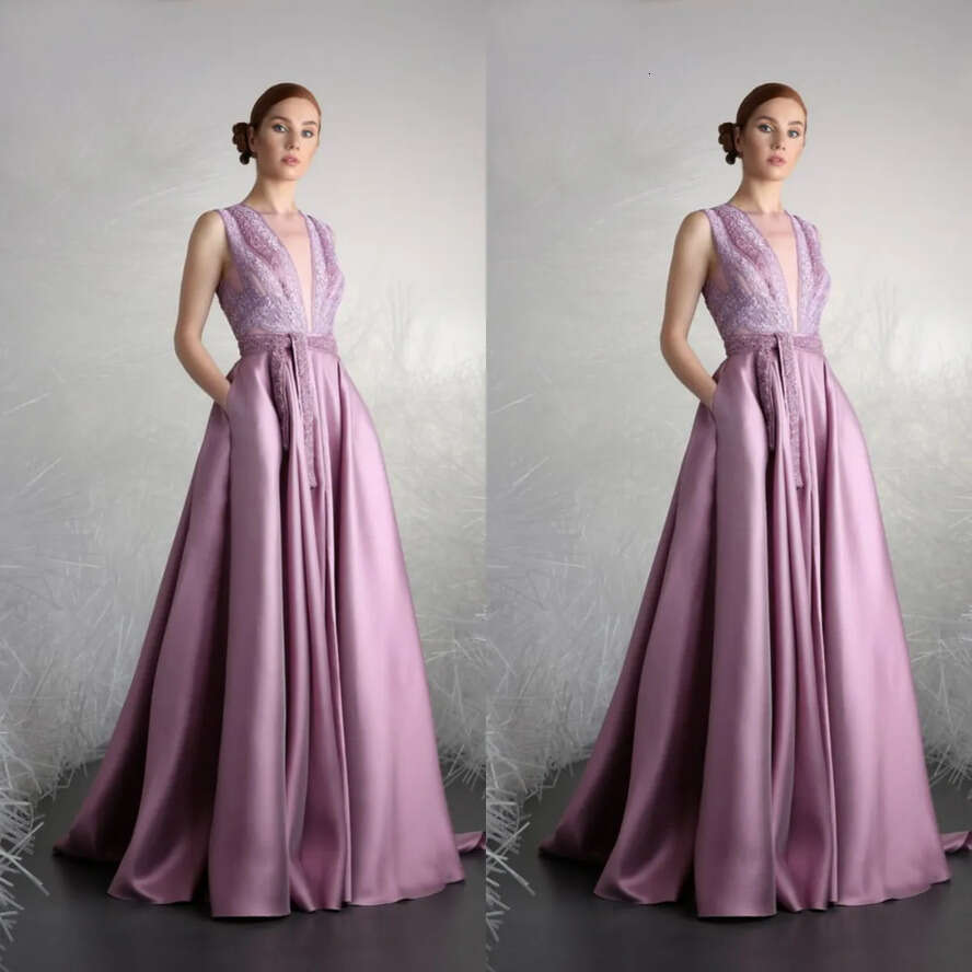 Tony Ward Prom Dresses V Neck Sleeveless Lace Appliques Satin Evening Gowns Custom Made Or Length Special Ocn Dress