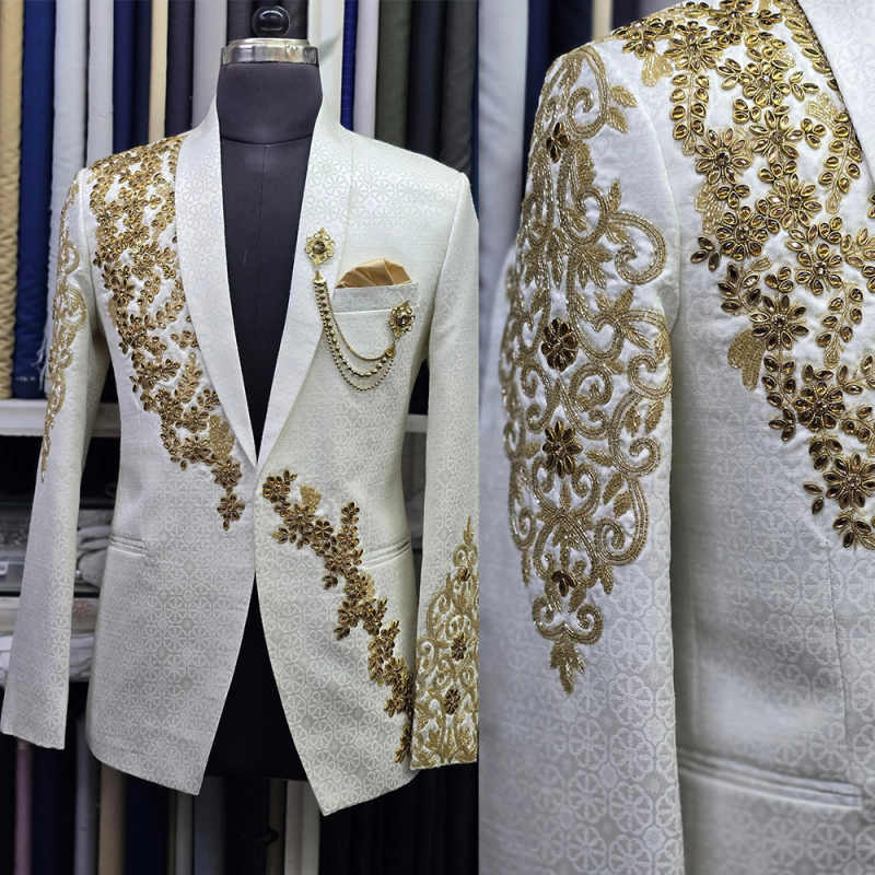 Gorgeous Wedding Suits Shawl Lapel Jacket Appliques Rhinestone 2 Pieces Set Men's Tuxedo One Button Tailored Dinner Prom Groom Blazer Custom Made