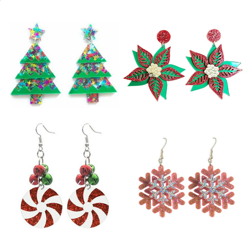Trendy Sequins Christmas Tree Earrings For Women Xmas Decorative Flowers Snowflake Colorful Bell Acrylic Dangle Earring 241105