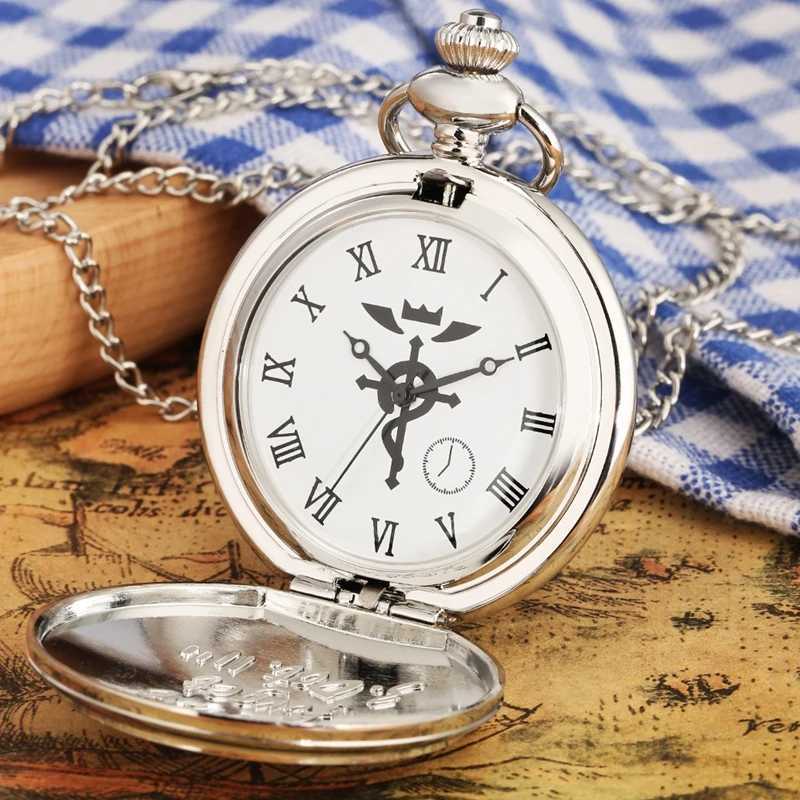 Simple Silver Fullmetal Alchemist Quartz Pocket Watch Edward Elric Anime Clock Design Pendant Cosplay Fans Necklace Chain GiftsX241104
