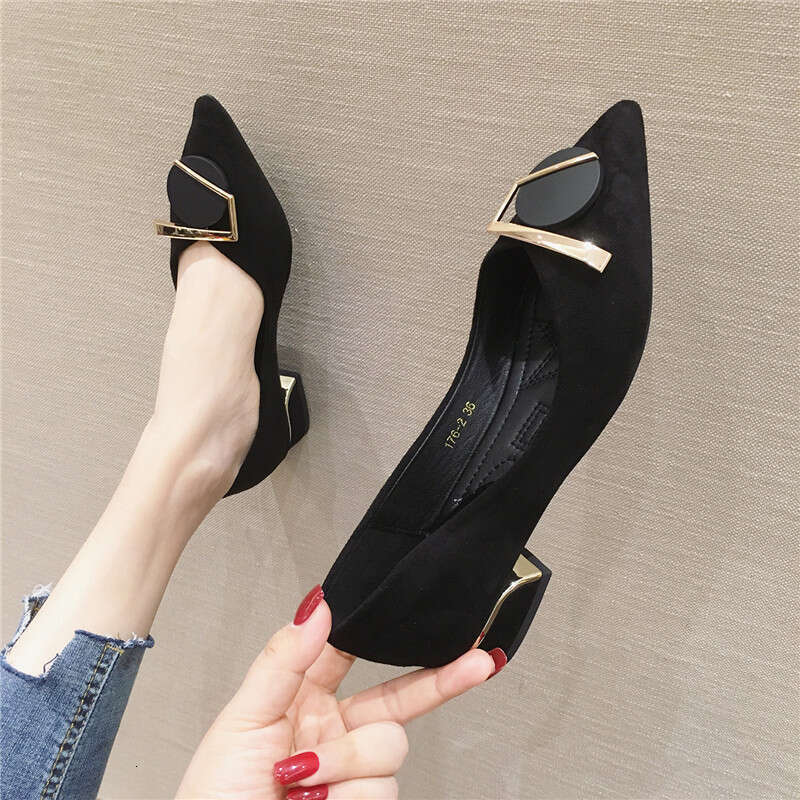 2023 Spring And Autumn New Versatile Pointed Metal Buckle Velvet Coarse Follow Up For Work Low Heel Women's Shoes Black