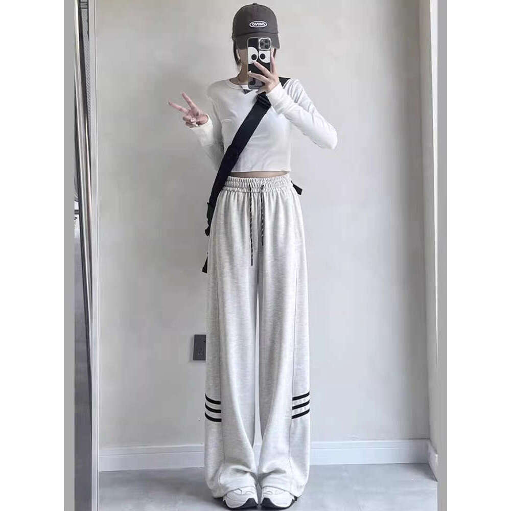shanshi three stripes pants Side panel three bar casual for women spring autumn, new student Korean version sports straight leg pants in white, gray, 