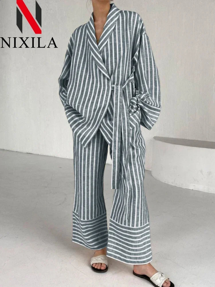 in Spring Summer Striped Long Sleeved Loose Tie Up Sets for Women 2 Pieces Fashion Leisure Pant Sets Elegant Womens Suits 241105