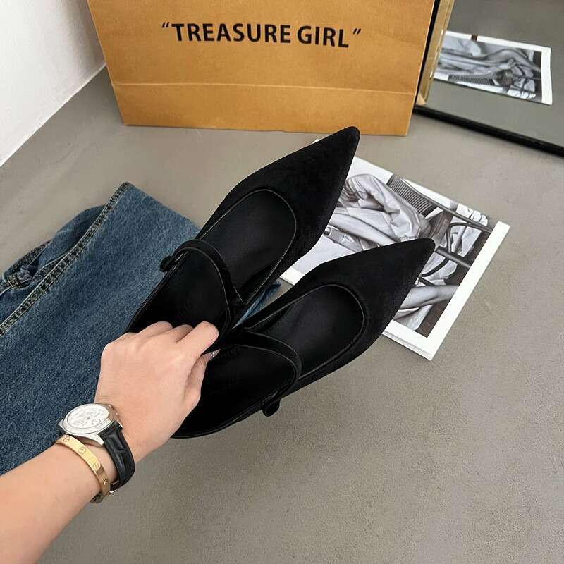 New Winter Women's Mary Jane Retro Flat Pointed Toe Suede Ballet One-Buckle Low Heel French Silk Women Wedding Shoes