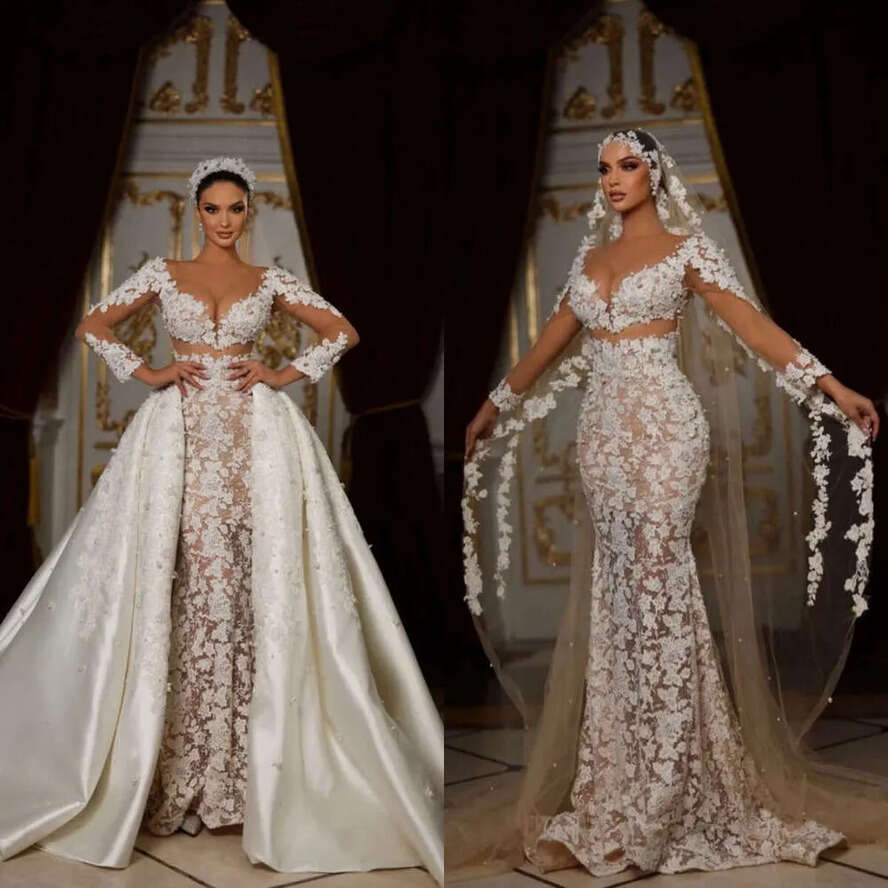 Lace Mermaid Ful Wedding Dress Pearls Applique Strapless Bridal Gowns With Overskirts Bride Dresses Custom Made Vestido De Novia Es