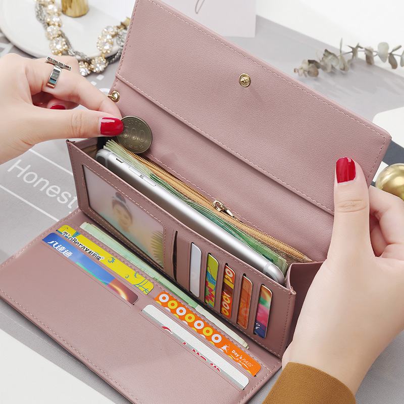 Fashionable Women's Wallet Brand Designer Letterhead Long Three Fold Wallet Wallet Fresh Leather Women's Handheld Card Holder