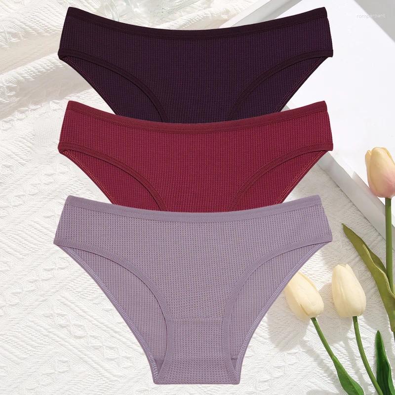 Women's Panties 3Pcs/Set Sexy Waffle Plaid Cotton Briefs Women Solid Color Low Waist Female Soft Breathable Lingerie Comfort Underwear