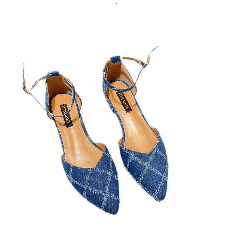 French Style Single Button Women's Korean Version Spring And Summer New Denim Pointed Hollow Thick Heel Fashion Sandals