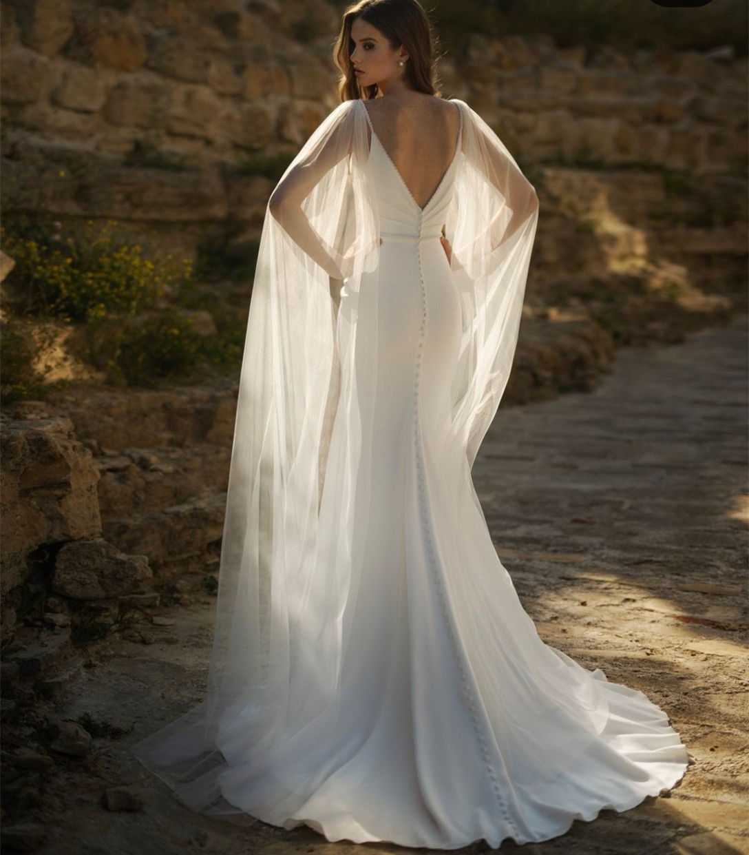 Long V-Neck Elegant Crepe Wedding Dresses With Cape Mermaid Beaded Ivory Covered Buttons Back Sweep Train Bridal Gowns For Women