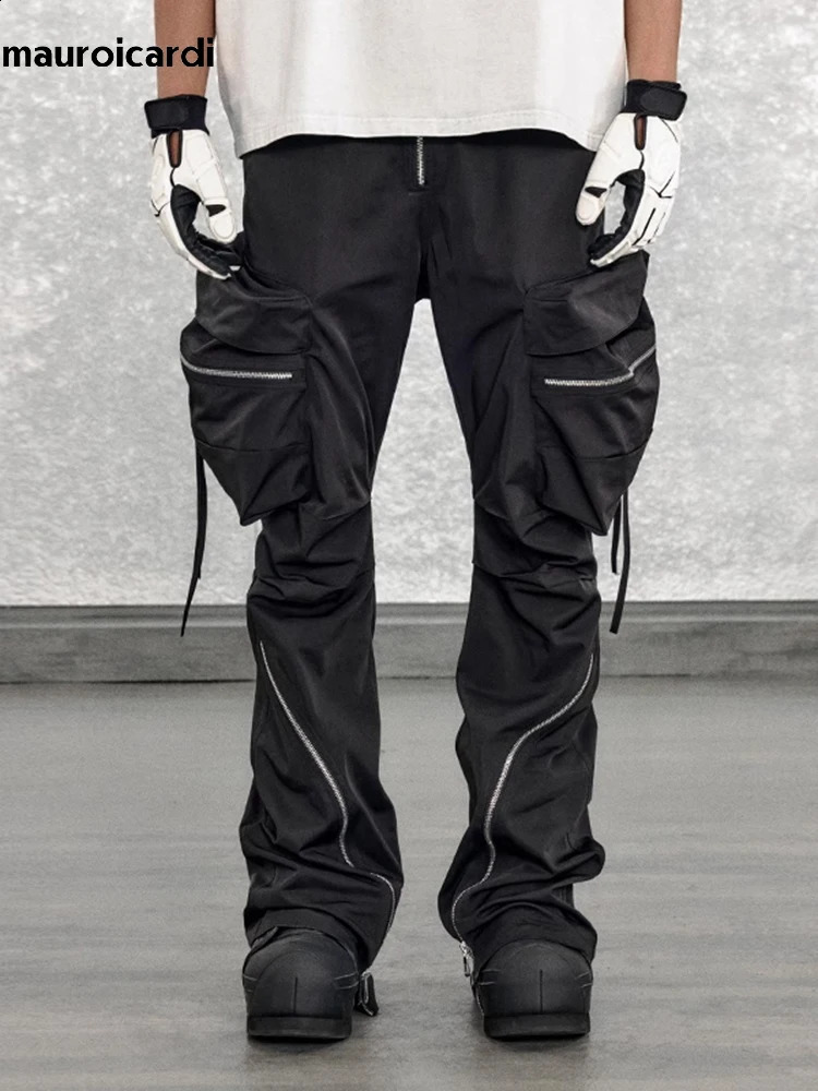 Mauroicardi Spring Autumn Cool Black Cargo Pants Men with Big Pockets Long Zipper y ner Clothing Trousers Fashion 241105