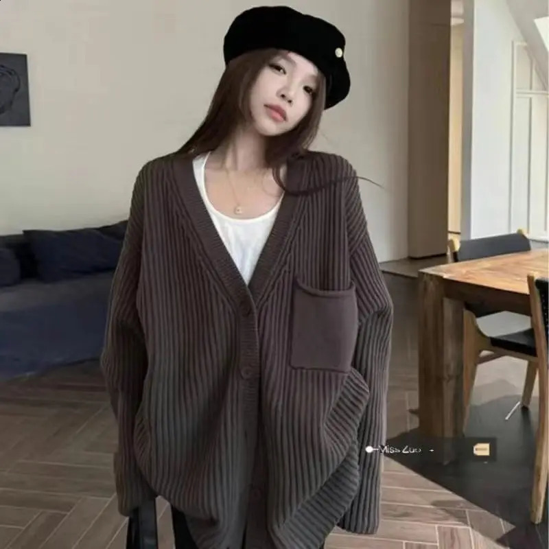 Loose knit cardigan wool sweater womens casual top 241105