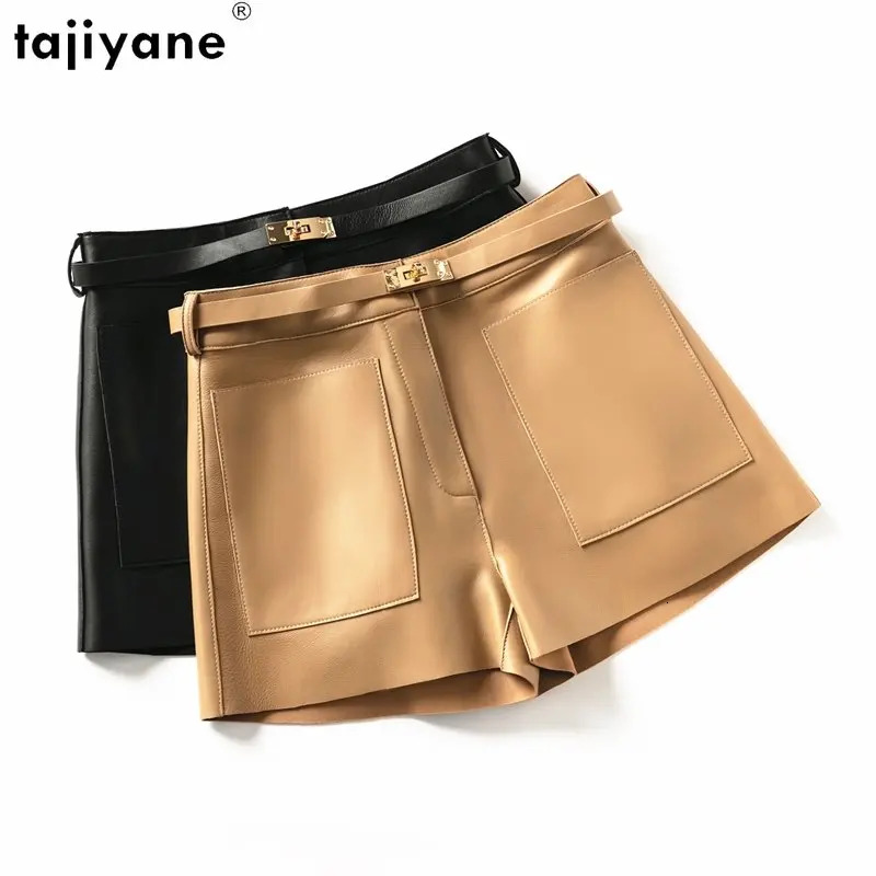 Tiyane Genuine Leather For Womens High Waist Real Sheepskin Pants Korean Style Slim Shorts Cargo Women Short SGG