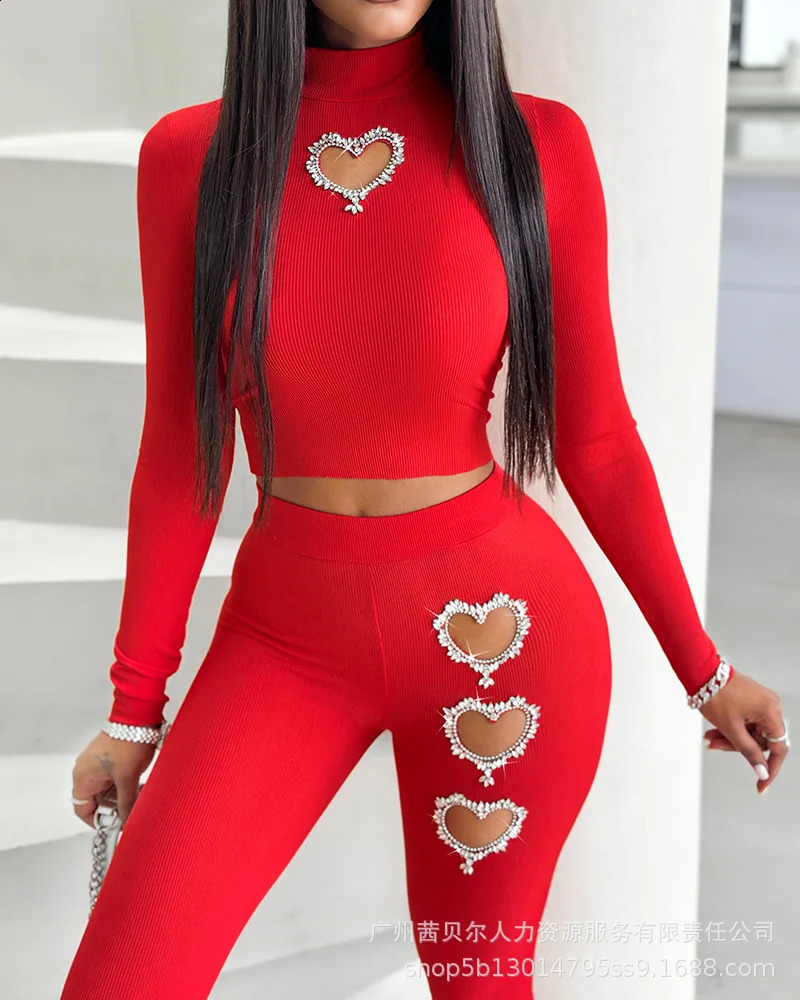 Two Piece Sets Wome Sexy Solid Pant Set Turtleneck Full Sleeve Slim Fit Tops Hollow Out High Waist Long Pants Sheath 2024 241105