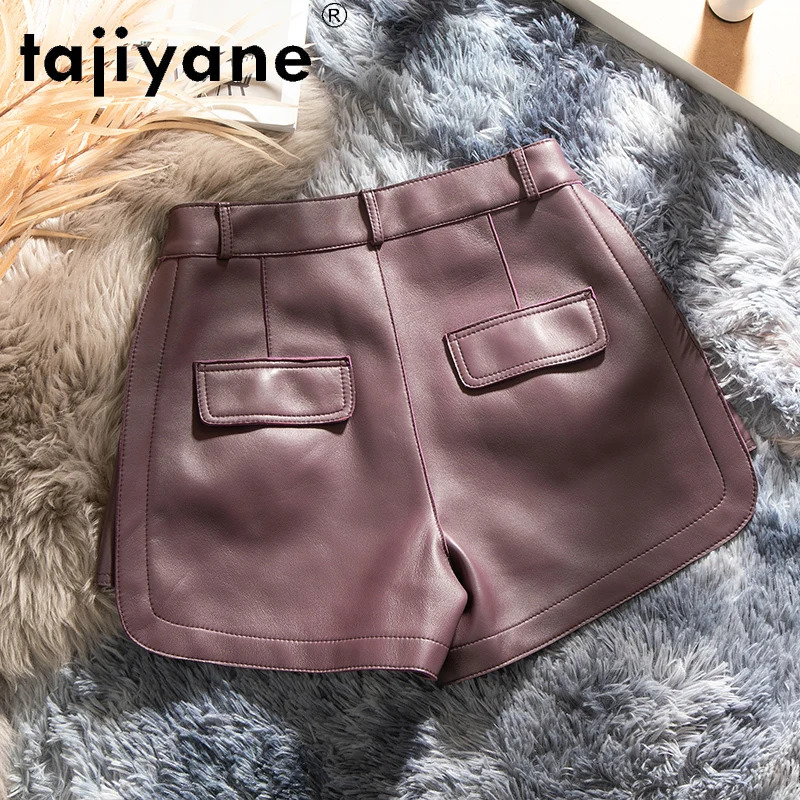 Tiyane Summer Women's Real Sheepskin Wide Leg Trousers Oversize Genuine Leather Shorts Female Mujer Pantalones 2361