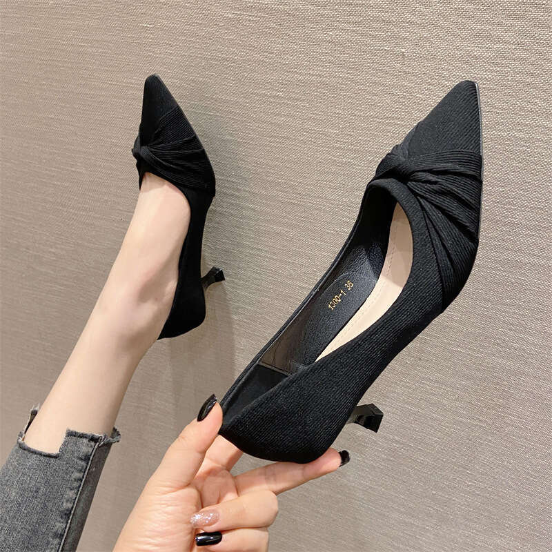 Korean Version 2023 New Fabric Shallow Mouth Pointed Toe Elegant And Versatile Thin Cat Heel Trendy Women's Single Shoes