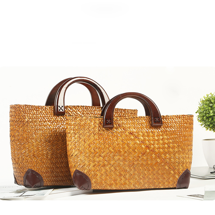 Exquisite Braided Straw Summer Beach Totes Wooden Handle Rattan Travel Bag Woven Clutch Purse And Handbags Bolsas