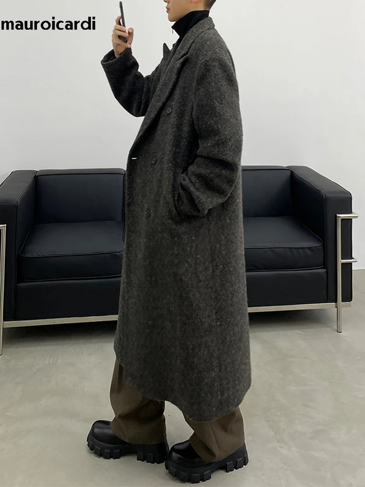 Mauroicardi Autumn Winter Long Loose Casual Warm Soft Woolen Trench Coat Men Double Breasted Wool Overcoat Korean Fashion 241104