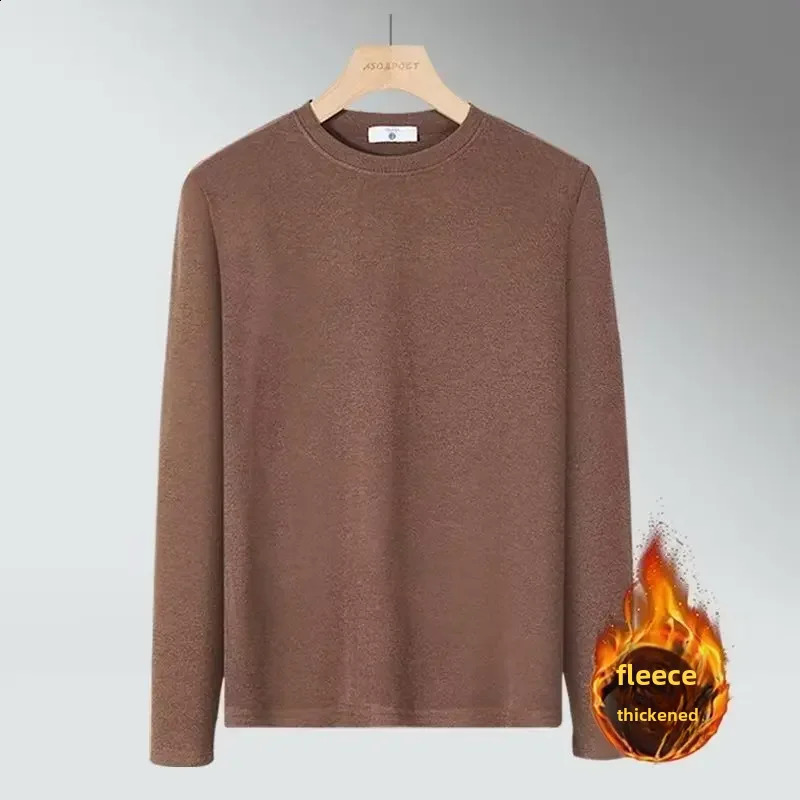 Winter Fleece Mens Long Sleeve Tshirt Trendy Round Neck Solid Color Warm Base Layer Casual Inner Top Wear 241105