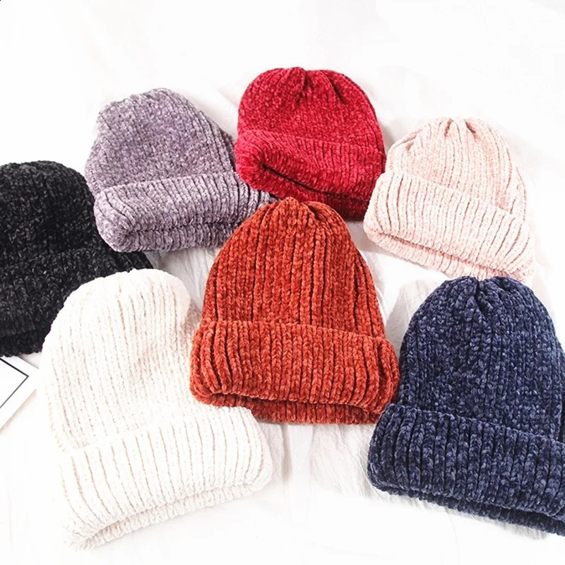 Girl casual cotton thick warm knitting beanies cap Winter Lady women chenille hat Knitted Skullies gorros 241105