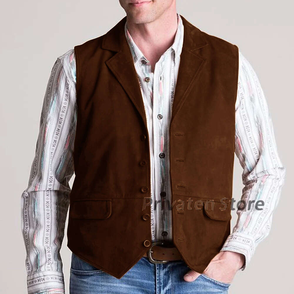Men's Vest Suede Notched Lapel Single Breasted Casual Steampunk Jacket Plus Size Solid Button Cardigan Colete Mascuo