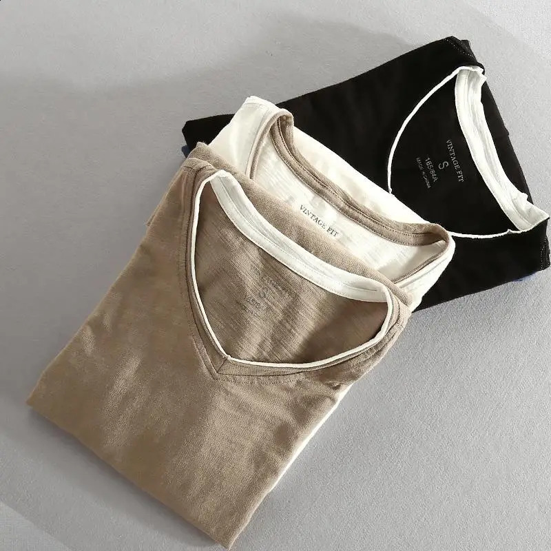 Mens Long Sleeve T-shirt Cotton V-neck Solid Casual Tops Tees for Men Japanese Vintage Frayed Collar and Raw Edges Tshirt 241105