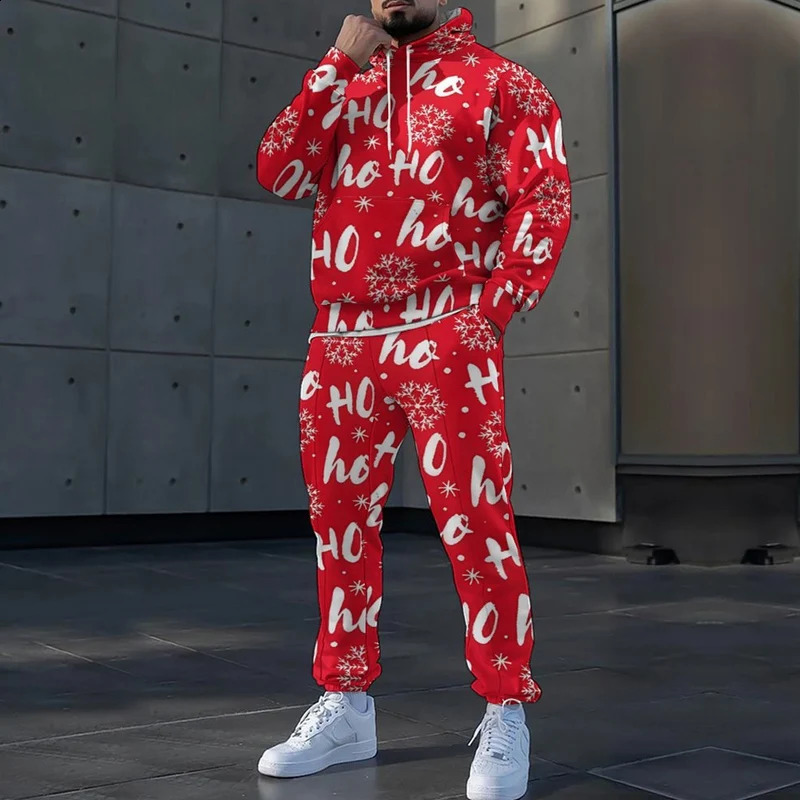 Elk Snowflake 3d Print Fashion Long Sleeve Hoodie Pants Suits Male Tracksuit Casual Drawstring Sweatshirt Men Two Piece Set 241105