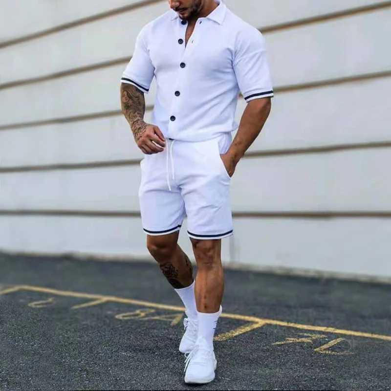 Mens summer cardigan solid short Slve short two-piece casual set W241104