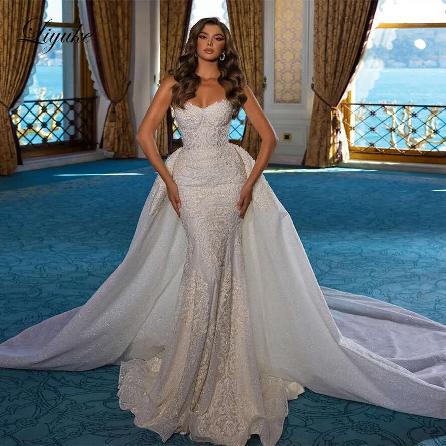Lace Liyuke Strapless Mermaid Wedding Dresses Beading Pearls Appliques Off Shoulder In Bridal Gowns Removable Train