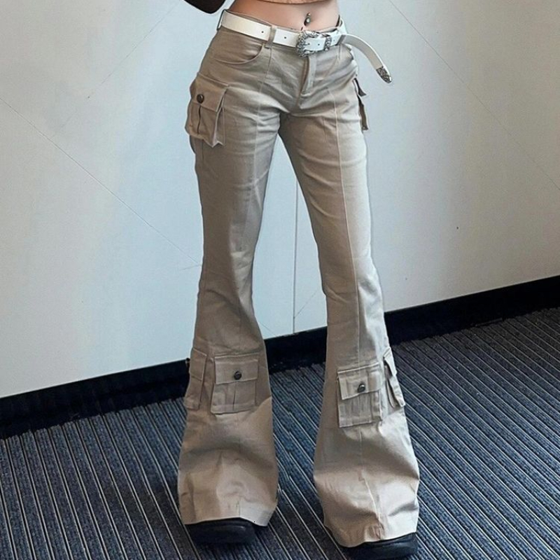 QWEEK Y2k Cargo Flare Jeans Woman Vintage Haruku Office Lady Pocket Denim Pants America Retro Street Fashion Trousers 2024
