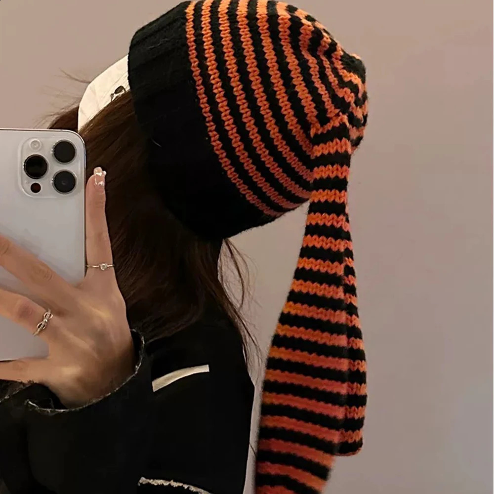 Y2K Beanie Hat Ins Rabbit Ear Devil Striped Knitted Wool Cap Autumn and Winter Crochet Bunny Ears Pointed Pullover Hats 241105