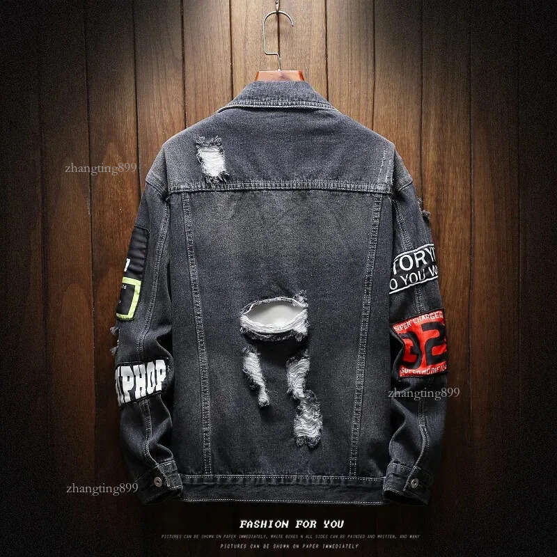 Men Denim Jacket Streetwear Vintage Hole Jeans Coats Outwear Spring Autumn Loose Casual Jean Jackets Hip Hop Fashion Jacket Men 240816