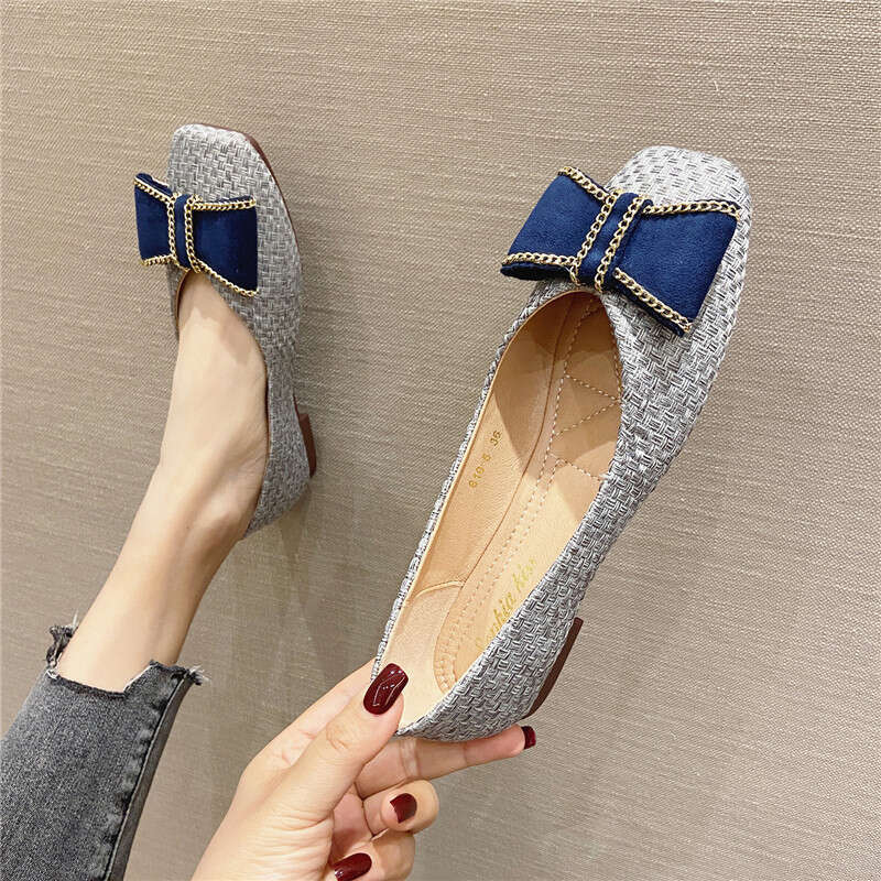 Korean Version Flat Bottomed Single Women's Summer Versatile Square Toe 2023 New Spring Woven Surface Soft Sole Shallow Mouth Comfortable Scoop S